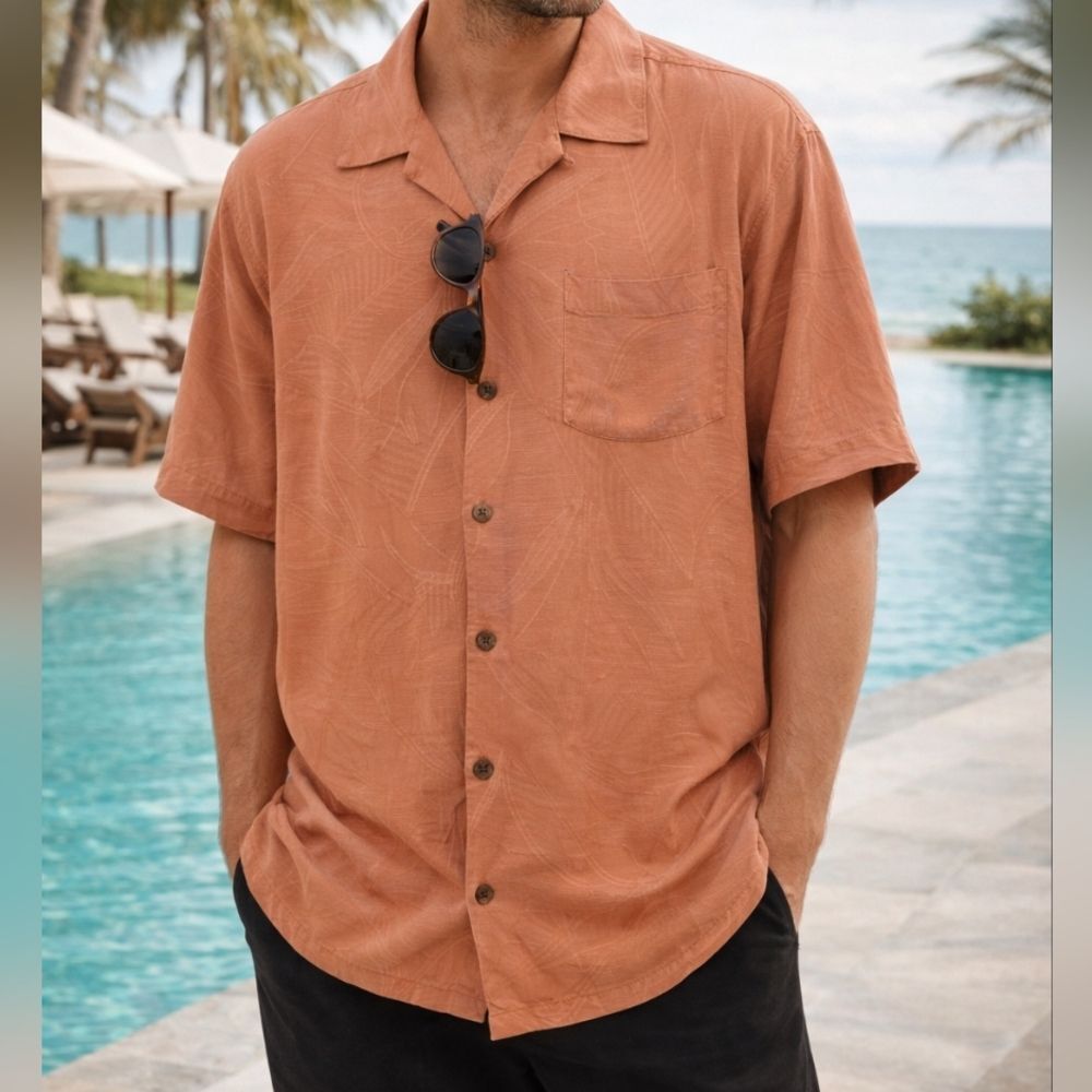 Tommy Bahama Men’s M 100% Silk Camp Shirt Terracotta Jacquard Coastal Resortwear
